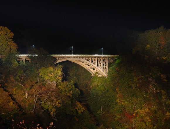 鳴子峡大深沢大橋の紅葉ライトアップの写真