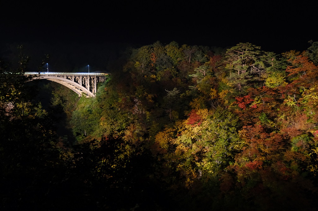 鳴子峡大深沢大橋の紅葉ライトアップの写真