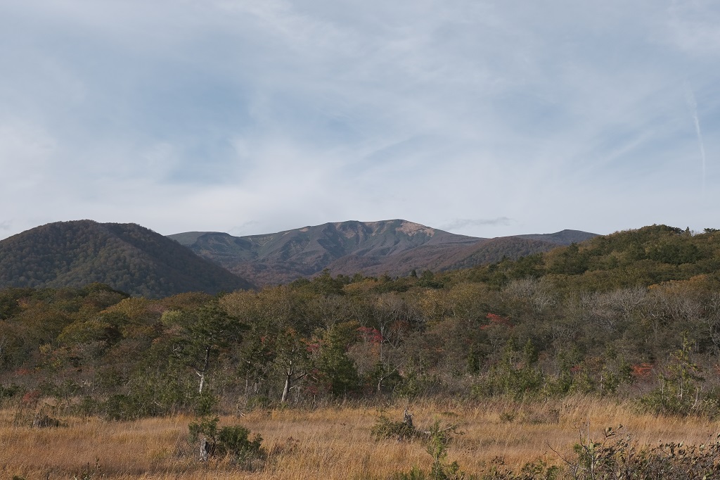 世界谷地原生花園から見た栗駒山の景色の写真