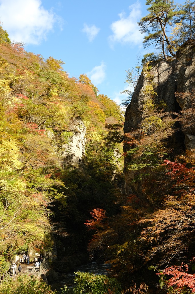 鳴子峡の紅葉の写真を遊歩道から撮影した写真